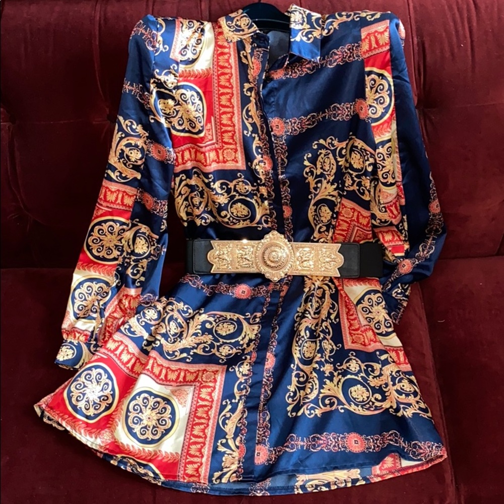 VERSACE-Inspired shirt dress with gold gilded belt